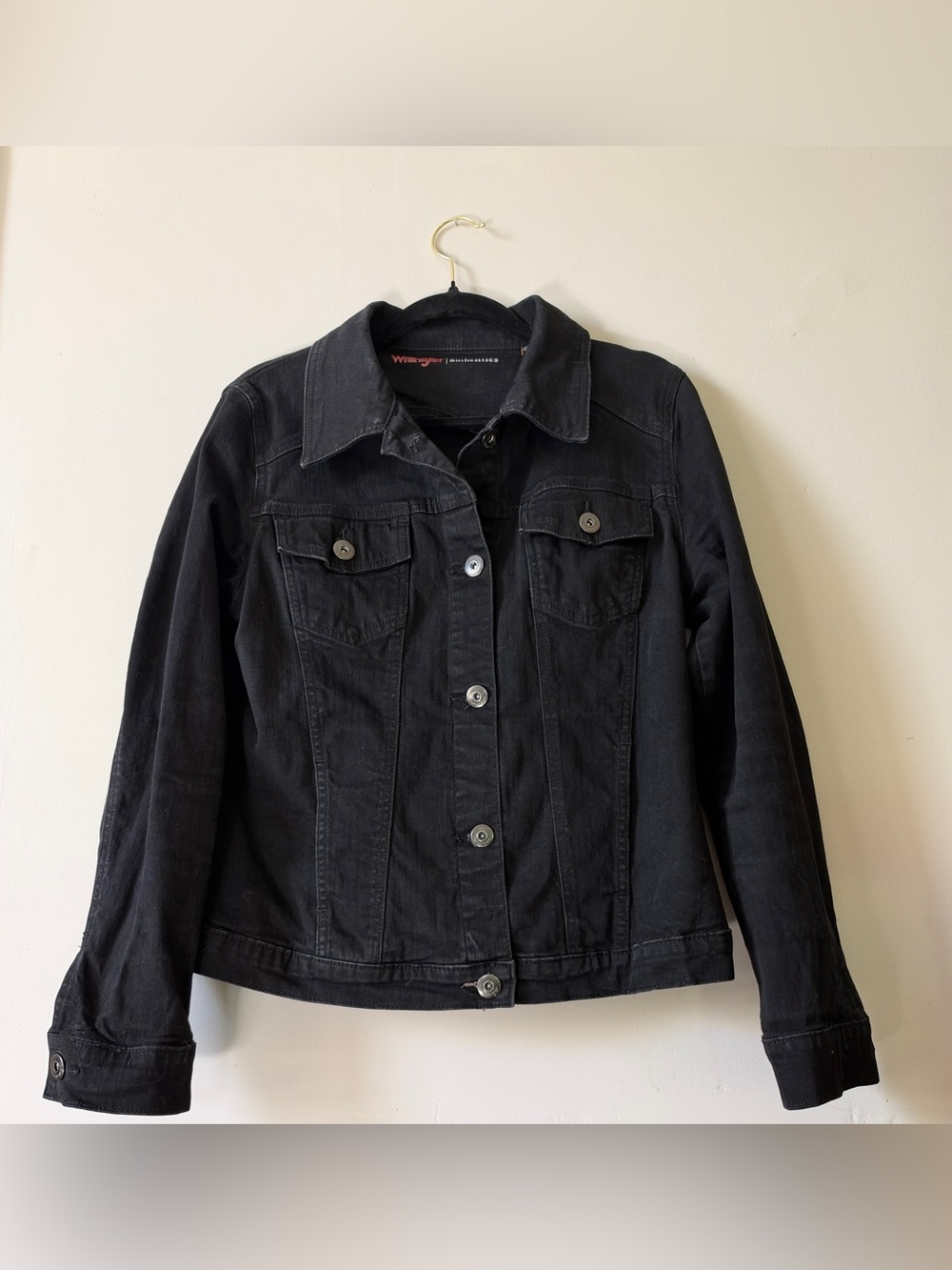 Wrangler Authentics Black Denim Jacket Button Front Trucker Classic Womens Large